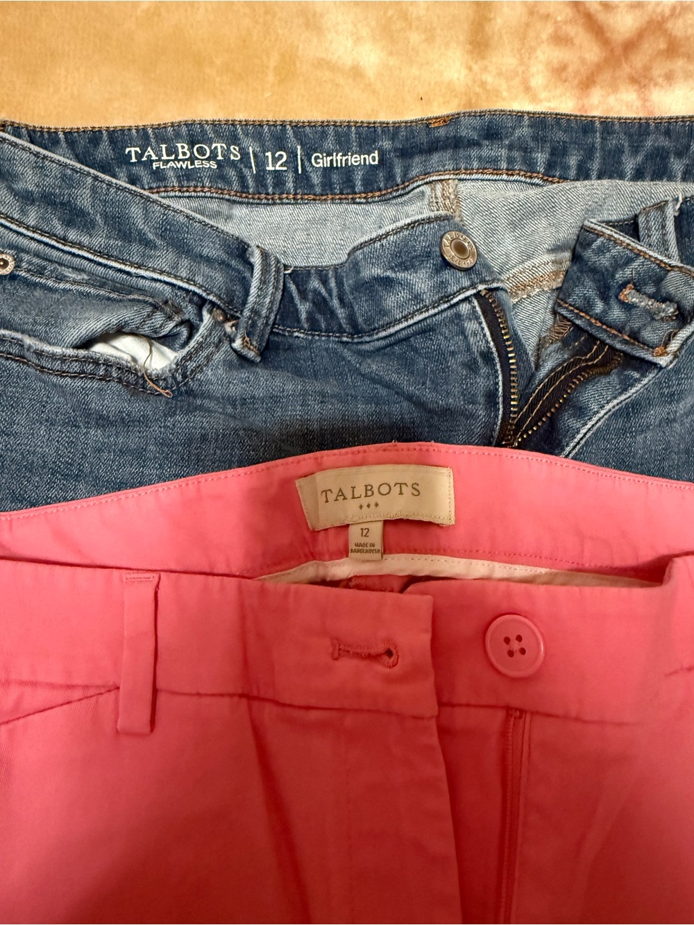 Talbots Pink Nail Accent with Blue Denim Jeans Tag Detail